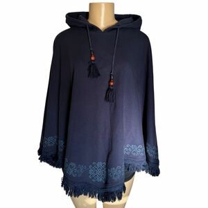 Lucky Brand Hooded Poncho fringe pullover cape navy OS
